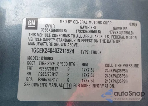 2009 Chevrolet Silverado 1500 Lt z USA, uszkodzony, nr VIN 1GCEK24049Z211524